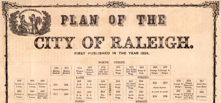 Map of 1834 Raleigh, showing properties owned by Gavin Hogg, 1867. Image from the North Carolina Digital Collections. 