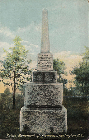 Postcard of the Battle Monument of Alamance, Burlington, N.C., showing the inscription: "Here was fought the Battle of Alamance, May 16, 1771, between the British and the Regulators." Image from University of North Carolina at Chapel Hill.