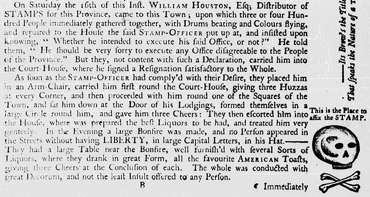 Image of the report of Dr. Houston's resignation of his post at Wilmington on November 16, 1765, published in the North Carolina Gazette (Wilmington, N.C.), November 20, 1765. 