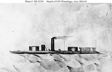 The <i>USS Winnebago</i>, primitive sketch reproduced as a photgoraph, by T. Lilienthal, New Orleans, ca. 1864-1865.  Kirland was commander of the <i>Winnebago</i> during the Civil War. U.S. Navy Ships, U.S. Naval Historical Center Photograph. 