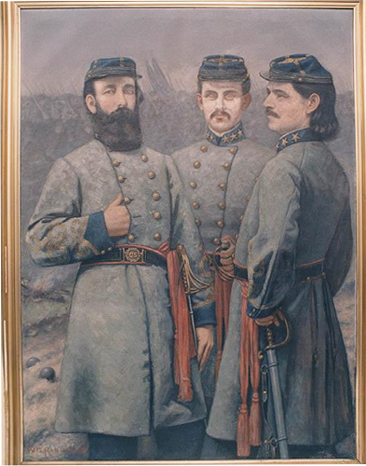 Burgwyn, Lane, and Zebulon Vance. Lane is left with a thick beard. Burgwyn is center with a thin moustache and soul patch. Vance is far right with a thin moustache and longer hair. All three men are wearing Confederate military garb.