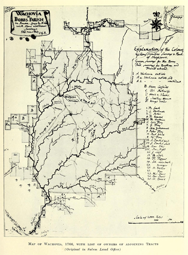 Image of map of "Wachovia or Dobbs Parish," 1766. From Adelaide L. Fries <i>Records of the Moravians in North Carolina</i>, Volume 1, [p. 310-311], published 1922 by Edwards & Broughton Printing Company, Raleigh, North Carolina. Presented on Archive.org. 