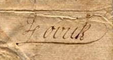 Image of John Lovick's signature on a counterfeit 20 shilling bill, circa 1722-1729.  Item H.1974.41.3 from the North Carolina Museum of History.  Used courtesy fo the North Carolina Department of Cultural Resources. 