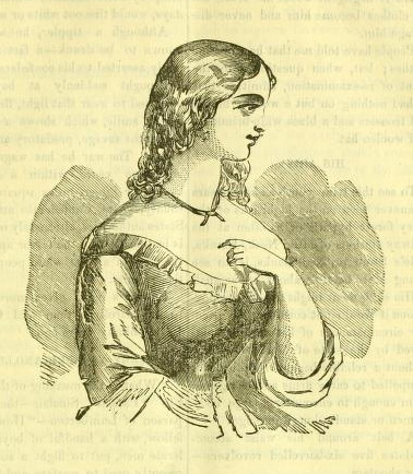 Depiction of Rhoda Lowry, from <i>The Swamp Outlaws,</i> by George Townsend, 1872.  From Archive.org.