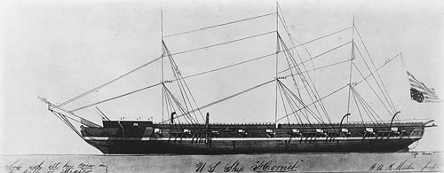 Sketch of hulls and rigging (not to scale) of the U.S. <i>Hornet</i>, by William A. K. Martin, circa 1843.  From the U.S.Naval History and Heritage Command.  Thomas Mann was aboard the <i>Hornet</i> when he died. 