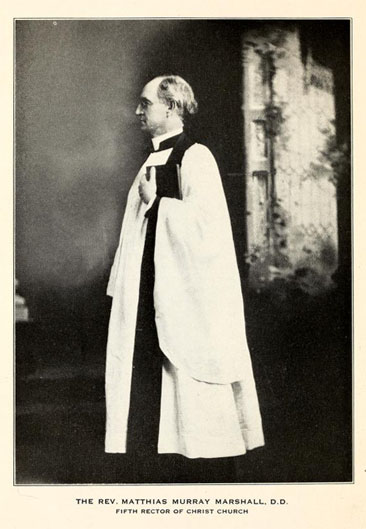 Photographic portrait of The Rev. Matthias Murray Marshall, D.D. Fifth Rector of Christ Church.  From Joseph Blount Cheshire's <i>Centennial Ceremonies Held in Christ Church Parish Raleigh, North Carolina A.D. 1921</i>, published 1922 by Bynum Printing Company, Raleigh. Presented on Archive.org. 