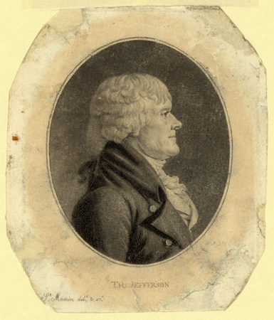 Head and shoulders portrait of Thomas Jefferson by Charles Saint-Memin, 1804.  Samuel McCorkle was said to resemble Jefferson in both likeness and demeanor. Popular Graphic Arts, Library of Congress, Prints & Photographs Online Catalog.