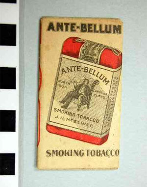 Photograph of the paper wrapper from "Ante-Bellum" smoking tobacco, manufactured by J. H. McElwee, Statesville, N.C.  Item S. HS.2006.41.870 from N.C. Historic Sites.  Image used courtesy of the North Carolina Department of Cultural Resources. 