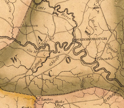 Detail area of the <i>Price-Strother Map</i> of 1808 showing Wayne County and "Gen. McKinney" south of the Neuse River.  Created by Jonathan Price and John Strother, engraved by William Harrison, Philadelphia, 1808.  Map from the North Carolina Collection, Wilson Library, the University of North Carolina at Chapel Hill.  Presented online by NCMaps, University Library, UNC-Chapel Hill. 