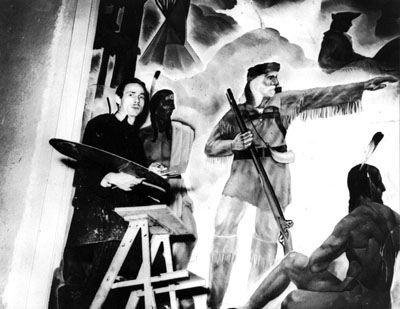 James McLean painting mural for the Cannon Memorial Library, Kannapolis, N.C., circa 1935.  From the State Archives of North Carolina.  Image used courtesy of the State Archives of North Carolina.