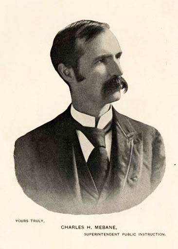 Portrait of Charles Harden Mebane, Superintendent Public Instruction.  From the </i>Biennial Report of the Superintendent of Public Instruction of North Carolina for the Scholastic Years 1898-'99 and 1899-1900.</i>  Presented on Documenting the American South, Wilson Library, UNC-Chapel Hill. 