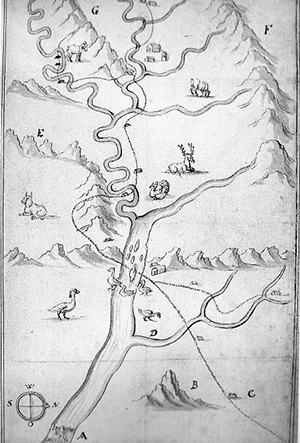 Frantz Ludwig, or Francis Louis Michel's 1707 map of the Shenandoah Valley and Upper Potomac River. Image from the National Park Service. 