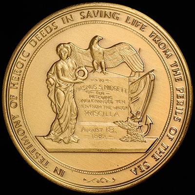 A copper version of the gold medal awarded to Erasmus S. Midgett by the United States Congress. "Medal, Accession #: H.2006.110.5."  North Carolina Museum of History.
