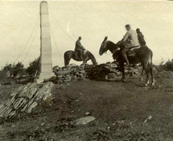The bronze Elisha Mitchell monument, built in 1888 and blown over by winds in 1915. Image from the North Carolina Museum of History. 