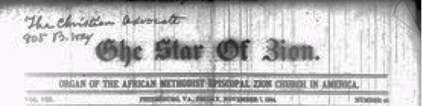 Image of masthead for the newspaper <i>The Star of Zion</i>, Novembr 7, 1884.  William John Moore gave financial support to the establishment of the paper. 