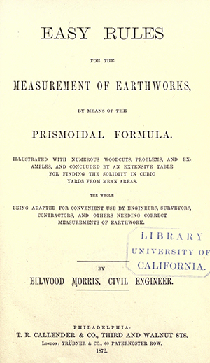 The title page of an engineering book by Ellwood Morris published in the year of his death, 1872. Image from the Internet Archive.