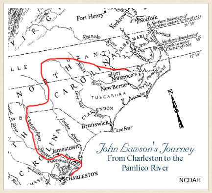Map of John Lawson's Journey from Charleston to the Pamlico River.  From Historic Bath, North Carolina Historic Sites.  Used courtesy of the North Carolina Department of Natural and Cultural Resources. 