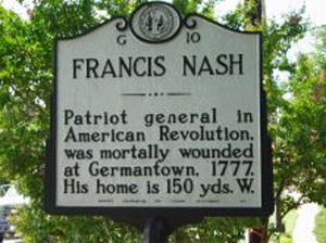 Francis Nash Historical Marker, Hillsborough, NC.  Image courtesy of the North Carolina Highway Historical Marker Program, N.C. Office of Archives & History, N.C. Department of Cultural Resources. 