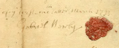 Image of signature of Gabriel Newby on his last will and testament, dated March 1735.  Call No. SS 839 - SS 861, Secretary of State Record Group, State Archives of North Carolina.  Courtesy of the State Archives of North Carolina. 