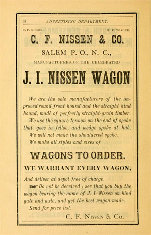 Advertisement for the C.F. Nissen & Company "J.I. Nissen Wagon."  C.F. and J.I. Nissen were the sons of John Philip Nissen. From the Interstate Directory Company's <i>Directory of Greensboro, Salem and Winston</i>, published 1884 by H.H. Dickson, Book and Job Printer, Atlanta, G.A. Presented on Archive.org. 