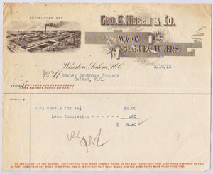 Receipt for the Geo. E. Nissen & Co.  Wagon Manufacturers, Winston-Salem, N.C., 1913.  Receipt shows "Established 1834," the year George Nissen's father, J. P. Nissen established his wagonworks. Item S.HS.2008.5.335 from the collections of North Carolina Historic Sites.  Used courtesy of the North Carolina Department of Cultural Resources. 