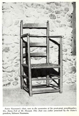 Photograph of Pastor Nussman's chair.  Image from <i>Life Sketches of Lutheran Ministers North Carolina and Tennessee Synods 1773-1965</i>, published 1966 by the North Carolina Synod of the Lutheran Church in America. Work from the collections of the Duke Divinity School Library, Duke University.  Presented on Archive.org. 