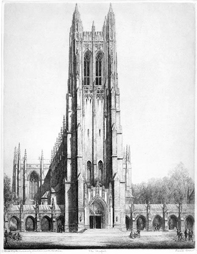Louis Orr's etching of the Duke University Chapel in Durham. Image from the North Carolina Museum of History.