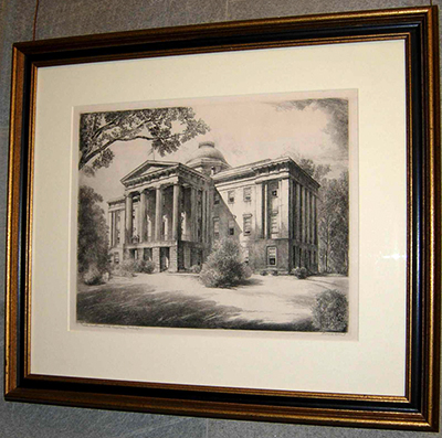 Louis Orr's etching of the State Capitol building in Raleigh. Image from the North Carolina Historic Sites.