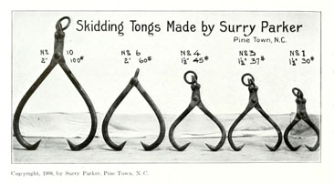 Image of "Skidding Tongs Made by Surry Parker," 1908, from "Steam Logging Machinery," by Surry Parker, Pine Town, N.C.  Published 1912 by Surry Parker. Presented by HathiTrust. 