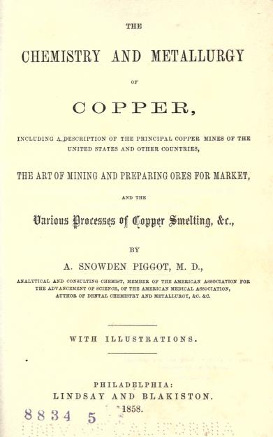 Title page from A. Snowden Piggot's <i>The Chemistry and Metallurgy of Copper</i>, published 1858 by Lindsay and Blakiston, Philadelphia. Presented on Archive.org. 