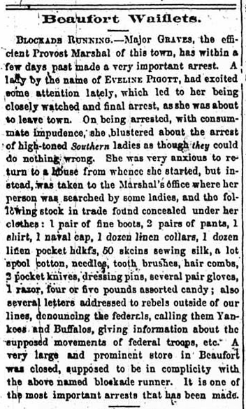 A newspaper article from February 18, 1865, describing Emeline Pigott's arrest. Image from the N.C. Dept. of Cultural Resources.