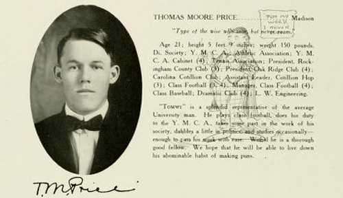 Photograph and yearbook entry for Thomas Moore Price, UNC Chapel Hill <i>Yackety Yack,</i> 1912.  From DigitalNC.org. 