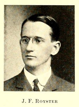 Image of James Finch Royster, from History of the University of North Carolina, vol. 2, [opposite of p.636], published 1912 by Raleigh, N.C.: Printed for the author by Edwards & Broughton Printing Company. Presented on Internet Archive.