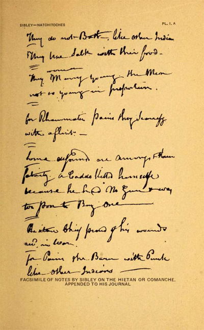 Facsimile of John Sibley's handwritten notes from his journal published as <i>A Report from Natchitoches in 1807</i>, published 1922 by the Museum of the American Indian, Heye Foundation, New York. Presented on Archive.org. 