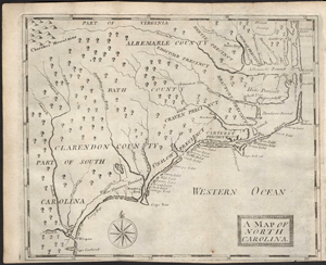 A Map of North Carolina, depiction circa 1700-1710, by John Brickell, published 1743 by John Brickell and C. Corbett, London.  From the North Carolina Collection, UNC-Chapel Hill, presented online by North Carolina Maps. 