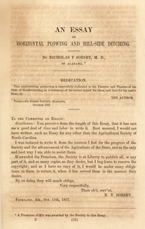 Image of the title page from Dr. Nicholas T. Sorsby's prize-winning essay "On Horizontal Plowing and Hill-Side Ditching," from the <i>Transactions of the North Carolina Agricultural Society 1857</i>.  Presented on Archive.org. 