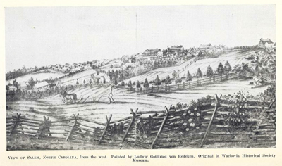View of Salem North Carolina, by Ludwig Gottfried von Redeken. From Adelaide L. Fries <i>Records of the Moravians of North Carolina</i>, Volume VI 1793-1808, published 1943 by the North Carolina Historical Commission, Raleigh, North Carolina.  Presented on Archive.org. 