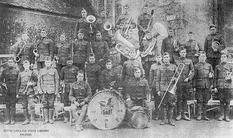 A photograph of the 105th Engineers, 30th Division Regimental Band, Marseilles, France, January 7, 1919. Lamar Stringfield is in the first row at the extreme left.  Image courtesy of the Audio Visual Materials Unit, State Archives of North Carolina.