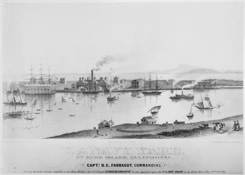 Lithograph of Mare Island Naval Shipyard, 1855.  Daniel Turner was superintendant of public works at Mare Island from  1854 to 1860.  From the Historic American Landscapes Survey, Library of Congress Prints & Photographs Online Catalog. 