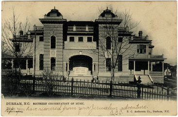 Postard image of the Southern Conservatory of Music, Durham, NC.  From the Durwood Barbour Collection of North Carolina Postcards, North Carolina Photographic Archives, Wilson Library, University of North Carolina. Norman Underwood's firm built the Southern Conservatory of Music building. 