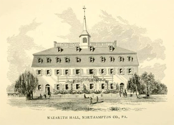 Depiction of Nazareth Hall, Northhampton Co., PA, from William C. Reichel's <i>Historical Sketch of Nazareth Hall From 1755 to 1869,</i> published 1869 by J. B. Lippincott & Co., Philadelphia. Jacob Van Vleck was a student and principal at Nazareth Hall, and his son Charles Anthony Van Vleck, later bishop at Salem, NC, was educated at Nazareth Hall. 