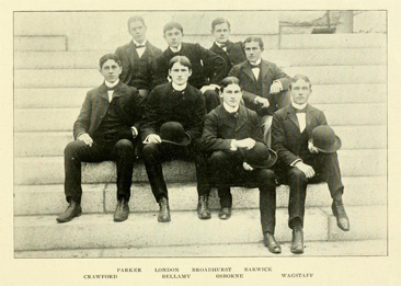 Photograph of <i>Tar Heel</i> editors, from the 1899 Univeristy of North Carolina yearbook <i>The Hellenian</i>, p. 123, published 1899.  Henry Wagstaff is shown seated in the first row on the far right. 