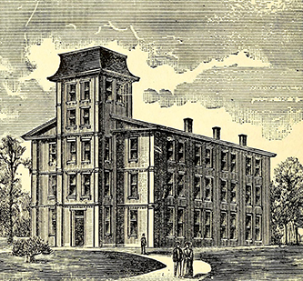 An engraving of Yadkin College, founded by Henry Walser. Image from the Internet Archive.