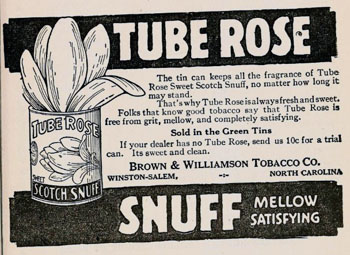 Image of an advertisment of Brown & Williamson Tube Rose Snuff  in the "North Carolina State Fair Premium List 1920."   From the State Library of North Carolina Government & Heritage Library.  
