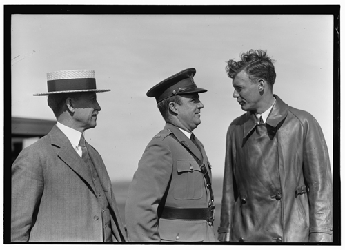 Photograph of Orville Wright (left), with Major John F. Curry (center) and Colonel Charles Lindbergh (left), at Wright Field, Dayton, Ohio, June 22, 1927.  Item # LC-W86- 174 , Wright Brothers Negatives, Library of Congress Prints & Photographs Online Catalog. 