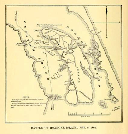 Map of the Battle of Roanoke Island, February 8, 1862, from Walter Clark's <i>Histories of the Several Regiments and Battalions from North Carolina</i>, Vol. 5, published 1901.  Edward Clement Yellowley was captured by the Union Army at the Battle of Roanoke Island.  Presented on Archive.org. 