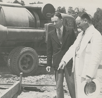 Dr. Camillo Artom and dean of the medical school, Dr. Coy C. Carpenter, at construction of Bowman Gray Medical School. Courtesy of Digital Forsyth.