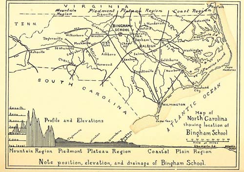 Map showing location of the Bingham school in NC. Courtesy of the Bingham School Catalogue.