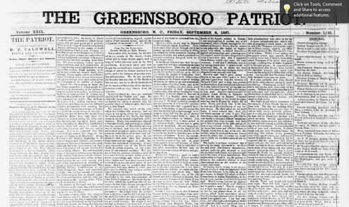 The Greensborough Patriot, September 6, 1867 [1867-09-06], edited by D.F. Caldwell. Image courtesy of UNC-G Libraries. 