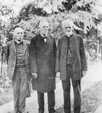 "This portrait is titled, “Moravian Bishops.” Bishop Edward Rondthaler (1842-1931) is at the center. The other two men are not identified. Bishop Edward Rondthaler took over the pastorate of the Salem Moravian congregation in 1877. He was named a bishop in 1891." Courtesy of Digital Forsyth.